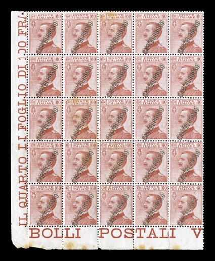 Sassone 22b, 1924 Diagonal Castelrosso overprint on 60c Carmine, double overprint, an impressive bottom left sheet-margin corner block of 25, being a quarter of the one sheet of
100 that received this error, stamps are all quite well cente