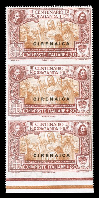Sassone 2h, 1923 30c Propagation of the Faith with Cirenaica overprint, vertical strip of three imperforate between and in bottom selvage, a lovely example of this perforation
error being exceptionally well centered, bright fresh colors, o.g.,