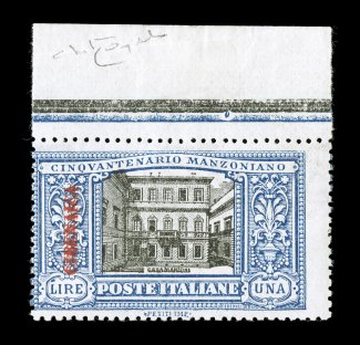 Sassone 15b, 1924 1L Manzoni with Cirenaica overprint, double overprint, top sheet-margin single of this scarce mint variety, deep colors on fresh paper, centered to the left
and noted in Sassone that all examples are poorly centered, o.g., fi