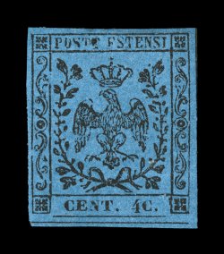 Sassone 10g, 1855 40c Black on dark blue, 4C for 40, mint single with well clear to extra-large margins showing complete dividing line at bottom, o.g., tiny natural inclusion in
top inscription label, very fine signed E(nzo) D(iena) (Scott