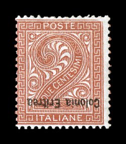 Sassone 2c, 1893 2c Red brown with Colonia Eritrea overprint, inverted overprint, attractive mint single, bright color on white paper, o.g., lightly hinged, typical fine
centering, signed A. D(iena), Colla (Scott 2a $400.00).