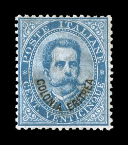 Sassone 6, 1893 25c Blue with Colonia Eritrea overprint, unusually well centered mint single of this key value, surrounded by full even perforations, rich color on fresh paper,
o.g., light h.r., very fine and rare in this choice quality, signe