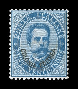 Sassone 6, 1893 25c Blue with Colonia Eritrea overprint, another choice mint single with deep color on fresh bright paper, full even perforations, well centered for this
difficult value, o.g., h.r., very fine for this (Scott 6 $800.00).