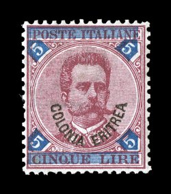 Sassone 11, 1893 5L Carmine and blue with Colonia Eritrea overprint, a remarkable well centered example of this high value that is rarely found so well centered, strong deep
colors and sharp impressions, full even perforations, o.g., lightly h