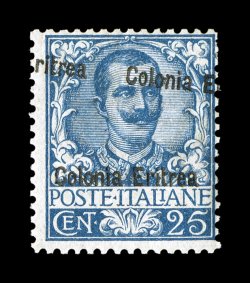 Sassone 24d, 1903 25c Blue with Colonial Eritrea overprint, double overprint, fresh mint single, a rather striking variety with the second overprint positioned at an angle at
top and shifted to show portions of two different overprints, deep c