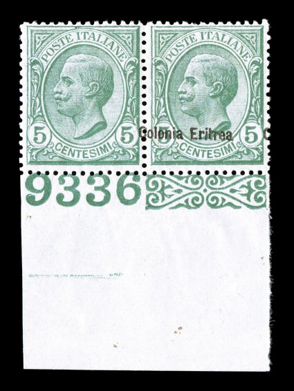 Sassone 31b, 1908 5c Green with Colonia Eritrea overprint, horizontal pair one without overprint, an impressive bottom sheet-margin pair with large selvage, the overprint
omitted from the left stamp, stamps are well centered for this issue, br