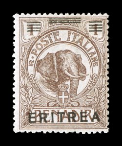 Sassone 54g, 1922 (2c) on 1c Brown with Eritrea overprint, 2c surcharge omitted, a most interesting variety that possesses the bars obliterating the old value but lacking the C.
2 surcharge for the new value, fresh mint single with attractiv