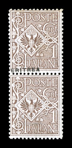 Sassone 77e, 1924 1c Brown with Eritrea overprint, vertical pair, one without overprint, the bottom stamp with the overprint missing, attractive and fresh, o.g. lightly hinged,
typical fine centering a rare overprint variety (Scott 88b $950