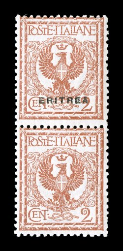 Sassone 78e, 1924 2c Brown red with Eritrea overprint, vertical pair, one without overprint, the bottom stamp with the overprint missing, an exceptionally handsome example of
this rare variety, strong bright color on fresh paper, o.g., n.h., q
