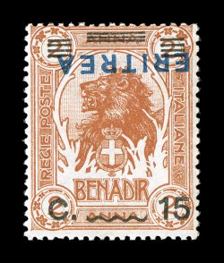 Sassone 83b, 1924 15c on 2a Brown orange with blue Eritrea overprint, inverted overprint, select mint single, bright color and quite well centered for this, full even
perforations, o.g., lightly hinged, attractive fine centering signed G. Bol