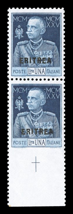 Sassone 97a, 1925 1L King Victor Emmanuel with Eritrea overprint, perforated 11, imperforate at bottom, handsome bottom sheet-margin vertical pair, the bottom stamp has an extra
large selvage with crossed guide lines that is imperforate betwee