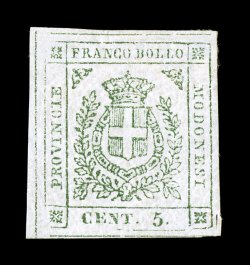 Sassone 12, 1859 5c Green, extraordinarily large margined mint single, possessing complete dividing lines on three sides, tiny margin scissors cut at bottom right, crackly o.g.,
h.r. and minor adherence at top, otherwise very fine and a scarce m
