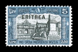 Sassone 119A, 1927 5L+2.50L Blue and black with Eritrea overprint, in the unissued color, intense deep colors and impressions, quite well centered with attractive even
perforations, o.g., lightly hinged, very fine for this scarce stamp this v