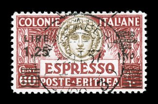 Sassone E8, 1935 Lira1,25 black surcharge on 60c Deep carmine, perforated 11, an unusually handsome used example of this rare special delivery, wonderfully well centered which
is not often seen on this issue, rich color and full perforations,