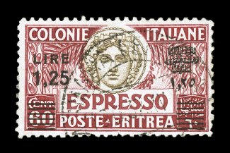 Sassone E8, 1935 Lira1,25 black surcharge on 60c Deep carmine, perforated 11, attractive used single, deep color, quite well centered, lightly cancelled with double-circle
c.d.s., very fine (Scott E8b $600.00).