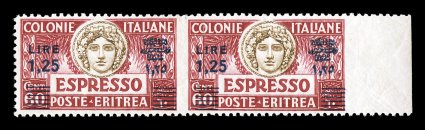 Sassone E9f, 1927 Lira1,25 blue surcharge on 60c Dark carmine, perforated 11, horizontal pair, imperforate between and at right, exceptionally well centered right sheet-margin
horizontal pair, deep rich color and sharp impression, o.g., n.h.,
