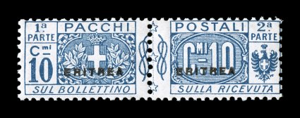 Sassone PP2, 1916 10c Blue with small Eritrea overprint, very rare key value of the first parcel post issue, deep rich color with prooflike impression, actually quite well
centered for this and better than the vast majority of the small census