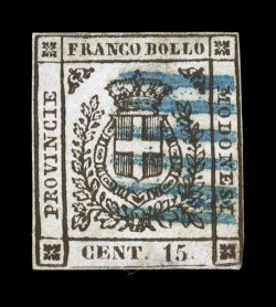 Sassone 13, 1859 15c Brown, an incredibly rare used example of this provisional government issue, neat portion of blue six-line cancel, margins are adequate nearly all around,
barely touching at bottom right, fine and a terribly elusive valu
