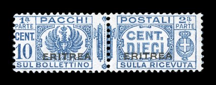 Sassone PP22, 1937 10c Blue with large Eritrea overprint, the enormously rare parcel post value of the last issue and being also the last value of the set produced in 1937
bright blue color on fresh white paper, highly detailed impression and