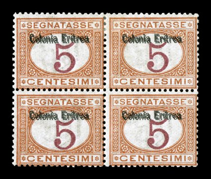 Sassone S1a, 1903 5c Orange and carmine with Colonia Eritrea overprint at top, double overprint, mint block of four, two closely oriented overprints of equal strength, deep rich
colors, on bright paper, o.g., bottom pair n.h., some separation