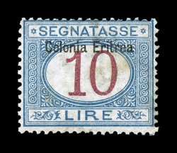 Sassone S11, 1903 10L Blue and carmine with Colonia Eritrea overprint at top, the key high value of the first postage dues, mint single with fresh colors on bright paper, o.g.,
fairly well centered for this issue and value, fine and very rare