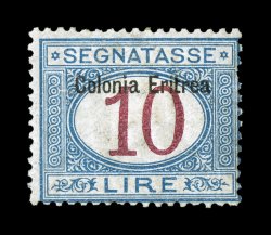 Sassone S11, 1903 10L Blue and carmine with Colonia Eritrea overprint at top, another mint example of this key value, attractive deep colors, o.g., one short perforation at
right, typical just fine centering (Scott J11 $2,350.00).