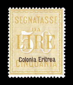 Sassone S12-13, 1903 50L Yellow and 100L Blue with Colonia Eritrea overprints cplt., unusually fresh mint singles of these high denomination postage dues, brilliant colors on
bright white paper, crisp even perforations, o.g., lightly hinged, a