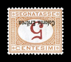 Sassone S14a, 1920 5c Orange and carmine with Colonia Eritrea at bottom, inverted numeral and overprint, a gem mint single with unbelievable centering for these postage due
issues being virtually perfectly centered within balanced margins, plu