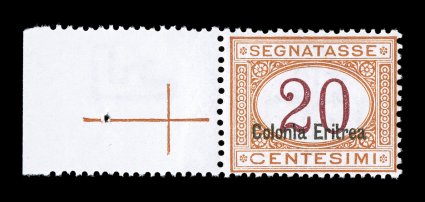 Sassone S16, 1920 20c Orange and carmine with Colonia Eritrea overprint at bottom, handsome left sheet margin single of this key value, exceptionally crisp with full
perforations, bright colors on fresh paper, but most importantly unusually we