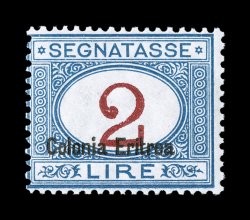 Sassone S22, 1925 2L Blue and carmine with Colonia Eritrea overprint at bottom, pristine mint single of the key value of the later postage due set, intense deep colors on
brilliant white paper, fresh o.g., n.h. normal fine centering (Scott J9