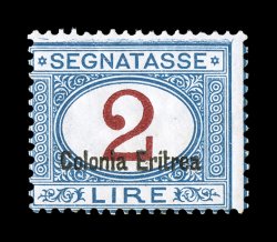 Sassone S22, 1925 2L Blue and carmine with Colonia Eritrea overprint at bottom, another mint example of this scarce value, rich colors on fresh paper, o.g., n.h., typical just
fine centering signed Raybaudi (Scott J9a $2,000.00).