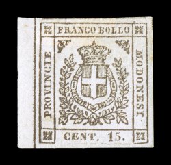 Sassone 14d, 1859 15c Gray (brownish), double impression, impressive left sheet-margin mint single of this scarce variety, the other margins are large as well showing the
dividing line at top, fresh with strong color, the impressions, while clos