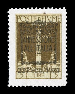 Sassone 225b, 1924 AnnessioneallItalia22 Febb. 1924 overprint on 5L Olive bister, error of color, an exceptionally well centered mint single of this incredibly rare stamp,
attractive colors and sharp impression on bright paper, o.g., lightl