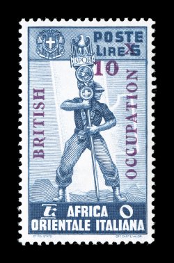 Sassone 1-9, 1941 10c on 5c to 10L on 5L British Occupation surcharges cplt., the unissued set surcharged on nine Italian East Africa colonial values of the first series, fresh,
o.g., n.h., very fine a scarce set that is not listed in Scott
