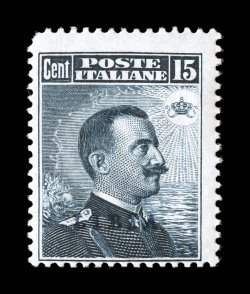 Sassone 5A, 1912 15c Black grey with black blue Libia overprint, an amazingly rare mint example of this overprint variety that was printed in a blackish blue ink rather the
normal violet, the stamp has deep color and highly detailed impression