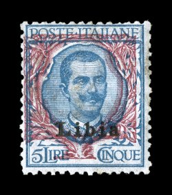 Sassone 11a, 1912 5L Blue and rose with Libia overprint, Ty. I, shifted rose background, fresh mint single with bright attractive colors, the rose color is shifted to the top
left, o.g., lightly hinged, attractive fine centering this variety