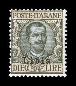 Sassone 12I, 1915 10L Olive and rose with Libia overprint, Ty. II, a wonderfully fresh mint single of this high denomination rarity, exquisite colors on bright paper, quite well
centered for this, fine and exceptionally attractive the two ty