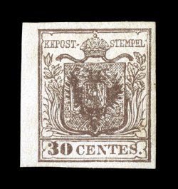 Sassone 7, 1850 30c Brown on handmade paper, Ty. I, an unusually fresh mint single, later impression with shield strongly recut, rich deep color on bright paper, attractive large
to extra-large margins, full o.g., lightly hinged, very fine a ch