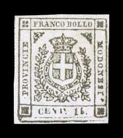 Sassone 14g, 1859 15c Gray, deformed 5 in 15, mint single with strong color and impression, large to extra-large margins with full dividing line at bottom, o.g., light h.r., very
fine an interesting variety that is not listed in Scott sign