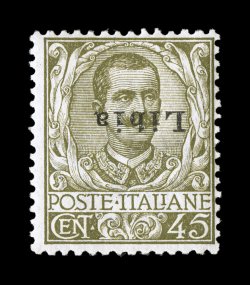 Sassone 18a, 1917 45c Olive with Libia overprint, inverted overprint, fresh mint single with deep olive color and sharp impression, bright white paper and full even
perforations, o.g., lightly hinged, attractive normal fine centering a very s