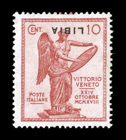 Sassone 35a, 1922 10c Victory with Libia overprint, inverted overprint, a well centered mint single, brilliant color on bright paper, o.g., lightly hinged, very fine and scarce
overprint error signed E(milio) D(iena) (Scott 34b $450.00).