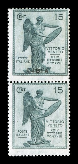 Sassone 36c, 1921 15c Victory with Libia overprint, vertical pair, one without overprint, the overprint is found in the proper position on the top stamp but is missing on the
bottom stamp, deep color, o.g., lightly hinged, a couple of separate