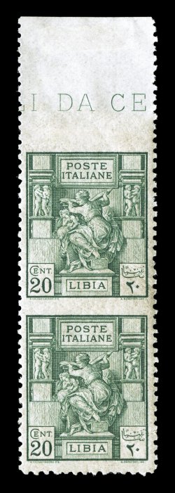 Sassone 54f, 1926 20c Green, perforation 11, vertical pair, imperforate between and at top, attractive top sheet-margin vertical pair with portion of the marginal inscription,
imperforate between the selvage and the top stamp as well as being im