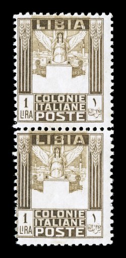 Sassone 65b, 1927 1L Brown, perforated 11, shifted central vignette, vertical pair with central vignette strongly shifted over 4mm to the top, deep color and sharp impressions,
o.g., n.h., attractive fine centering a nice variety of this scarce