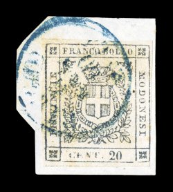Sassone 15d, 1859 20c Slate violet, no period after 20, attractive used single with strong color and impression, mostly large margins, touching at bottom right, tied to small
piece by blue town c.d.s., nearly very fine and attractive sign