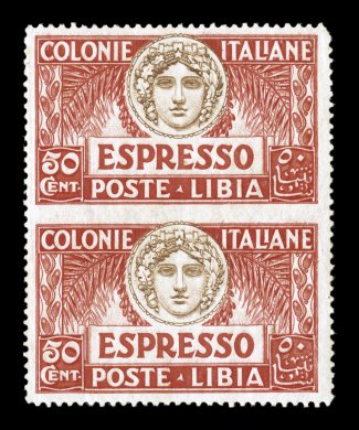 Sassone E4g, 1921 50c Red and brown special delivery, vertical pair, imperforate between, an exceptionally well centered and fresh example of this variety, bright colors, o.g.,
n.h., choice very fine this rare perforation variety is not listed