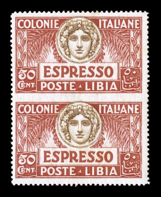 Sassone E4g, 1921 50c Red and brown special delivery, vertical pair, imperforate between, another mint example of this scarce variety, fresh colors on bright paper, o.g., very
lightly hinged, trivial spot of gum toning, well centered and very fi