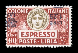 Sassone E12b, 1927 Lira1.25 blue surcharge on 60c Carmine and brown, perforated 11, inverted overprint, an exceptionally fresh mint single, luxurious deep colors, fresh with
bright paper and full o.g. that is never hinged, typical fine center