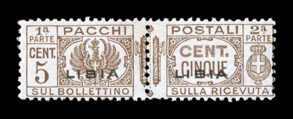 Sassone PP26, 1939 5c Brown with Libia overprint, the additional low value of the last parcel post issue that was apparently overprinted in error, a remarkably choice mint
single being quite well centered for any of the parcel posts but for th