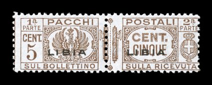 Sassone PP26, 1939 5c Brown with Libia overprint, remarkably the Gilbert collection has a second example of this parcel post rarity, possessing intense deep color and being
exceptionally fresh, centered to the right as is typical of this rare